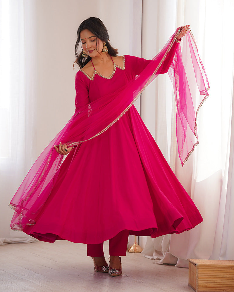 Rani Pink Color Chanderi Roman Silk Three Piece Anarkali Suit