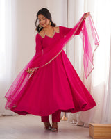 Rani Pink Color Chanderi Roman Silk Three Piece Anarkali Suit