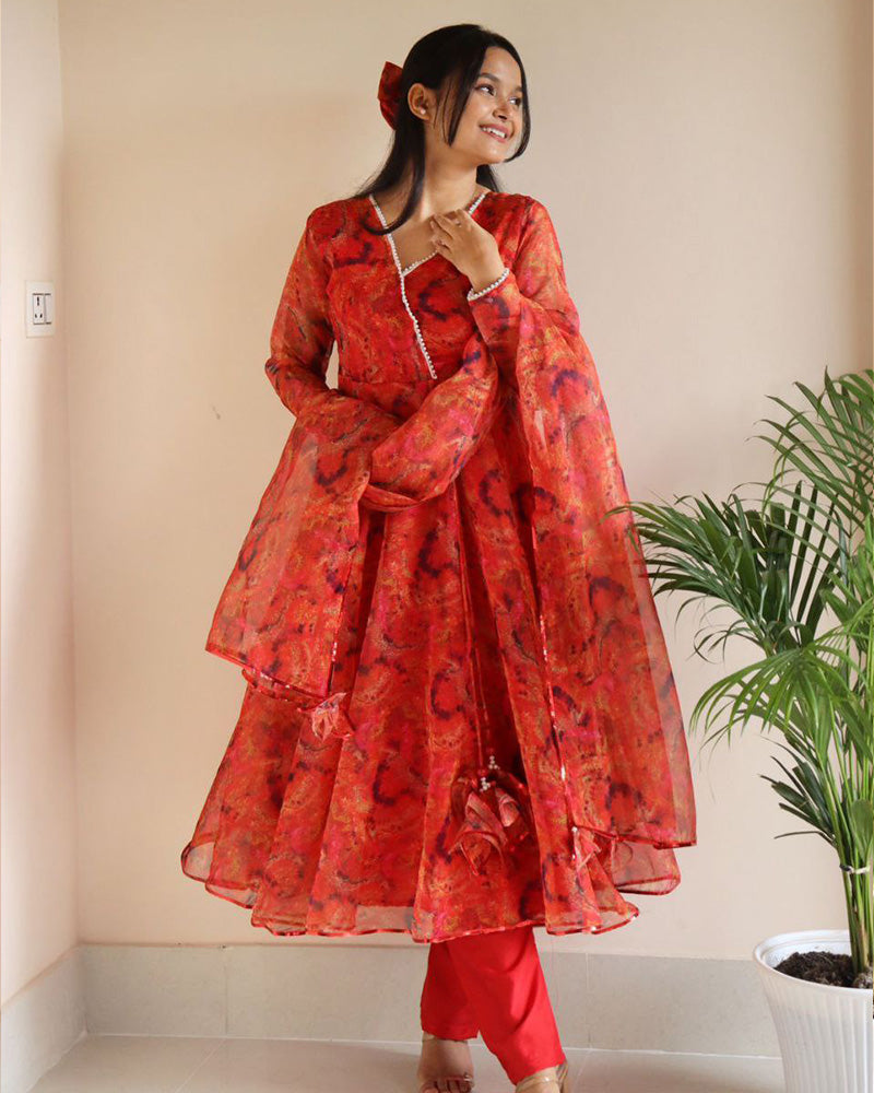 Orange Color Printed Pure Organza Silk Anarkali Suit