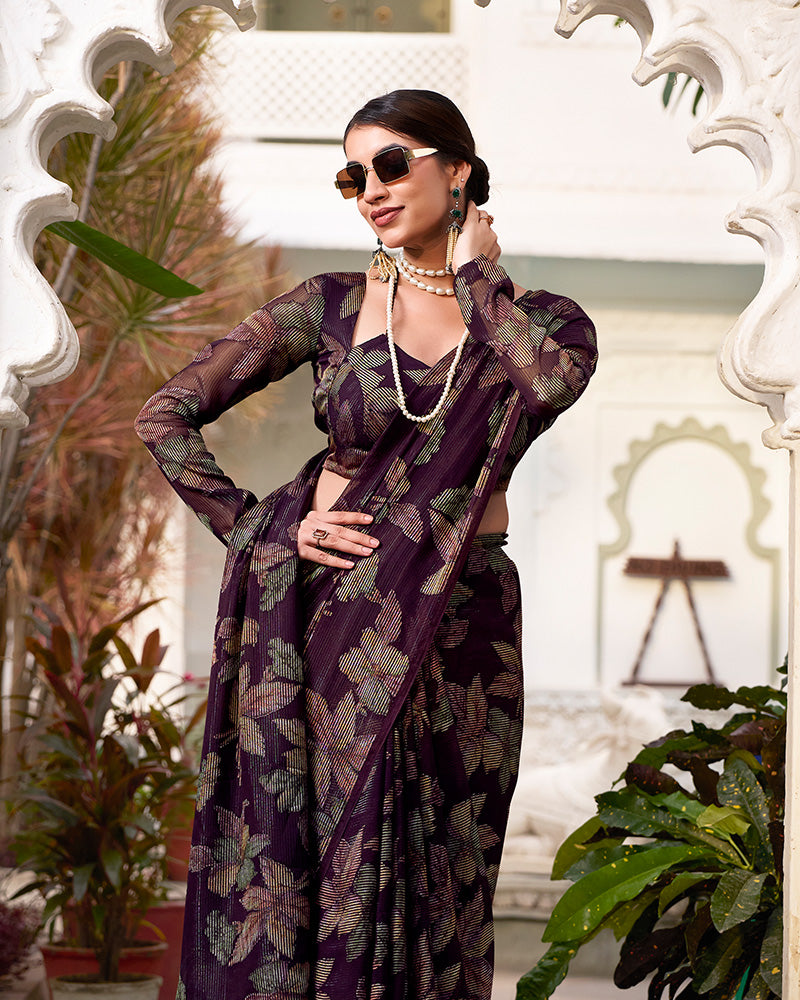 Wine Color Lurex Brasso Viscose Saree