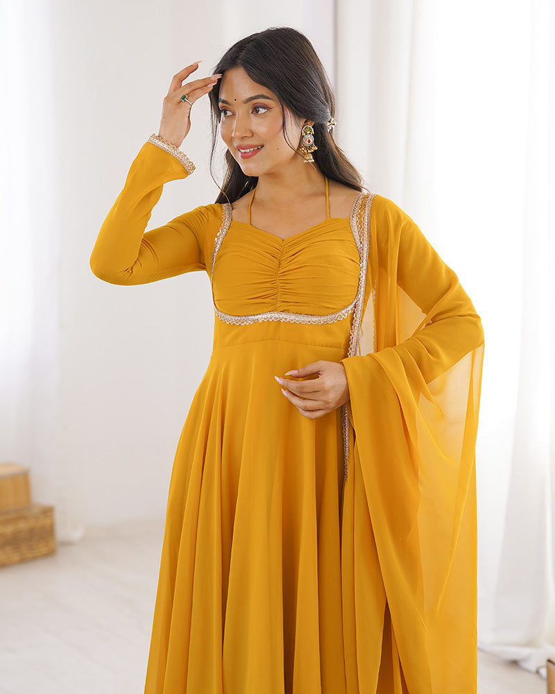 Yellow Color Pure Blooming Georgette Anarkali Gown