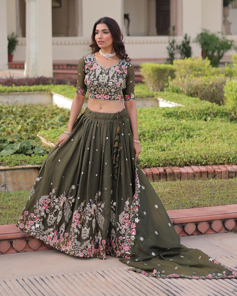 Mehndi Color Gold Crush Embroidered Lehenga Choli