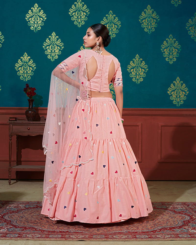 Peach Color Thread Embroidered Cotton Semi Stitched Lehenga Choli