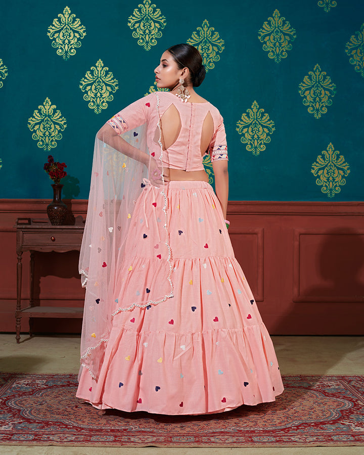 Peach Color Thread Embroidered Cotton Semi Stitched Lehenga Choli