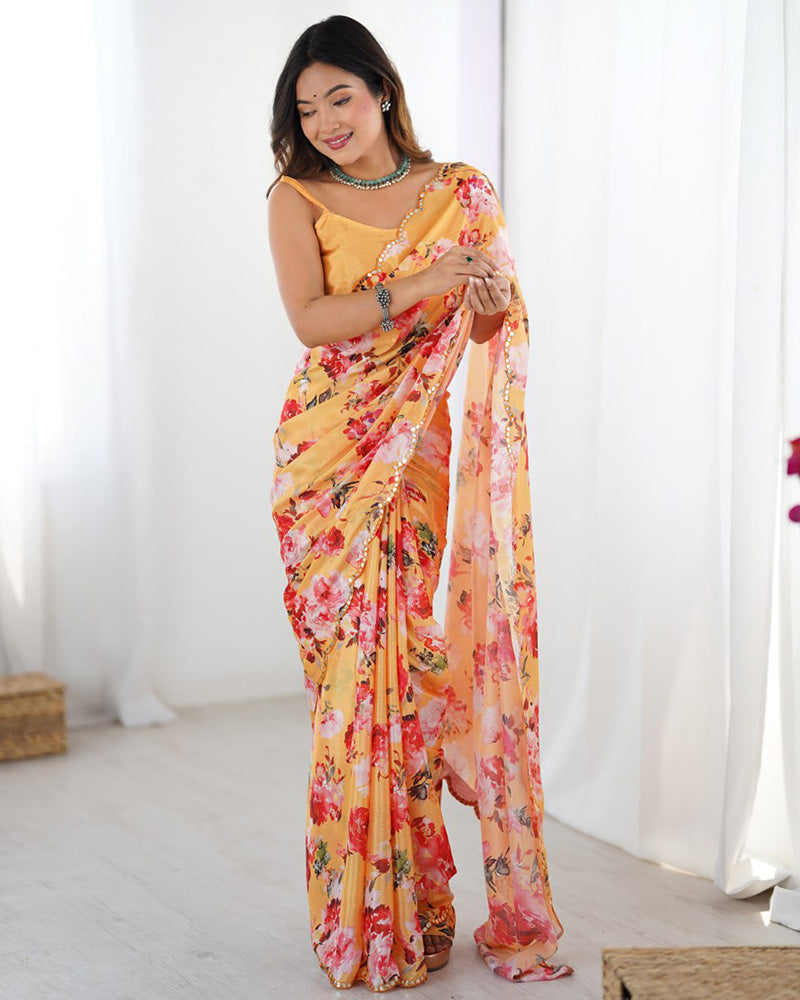 Yellow Color Chinnon Silk Mirror Work Saree