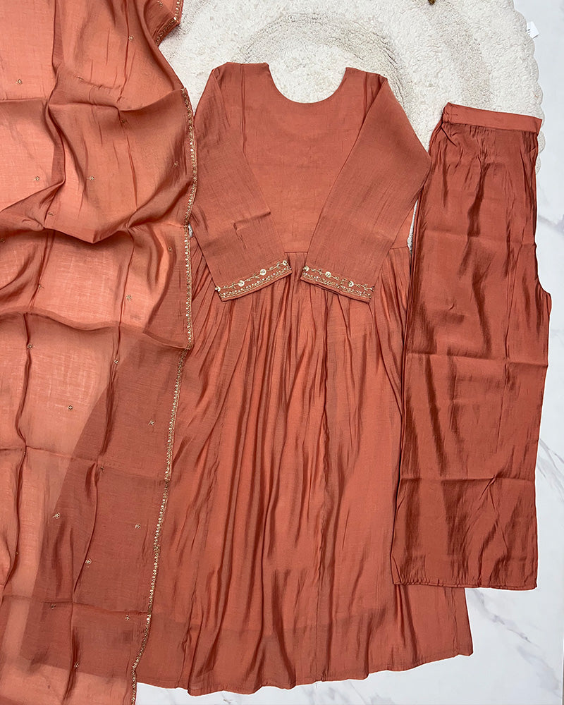 Peach Color Mal Cotton Three Piece Kurti Suit