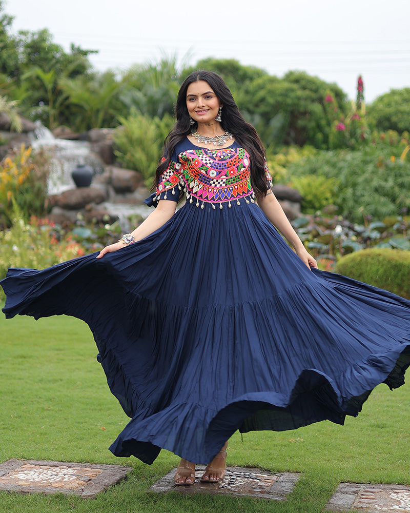Royal Blue Color Rayon Navratri Gown