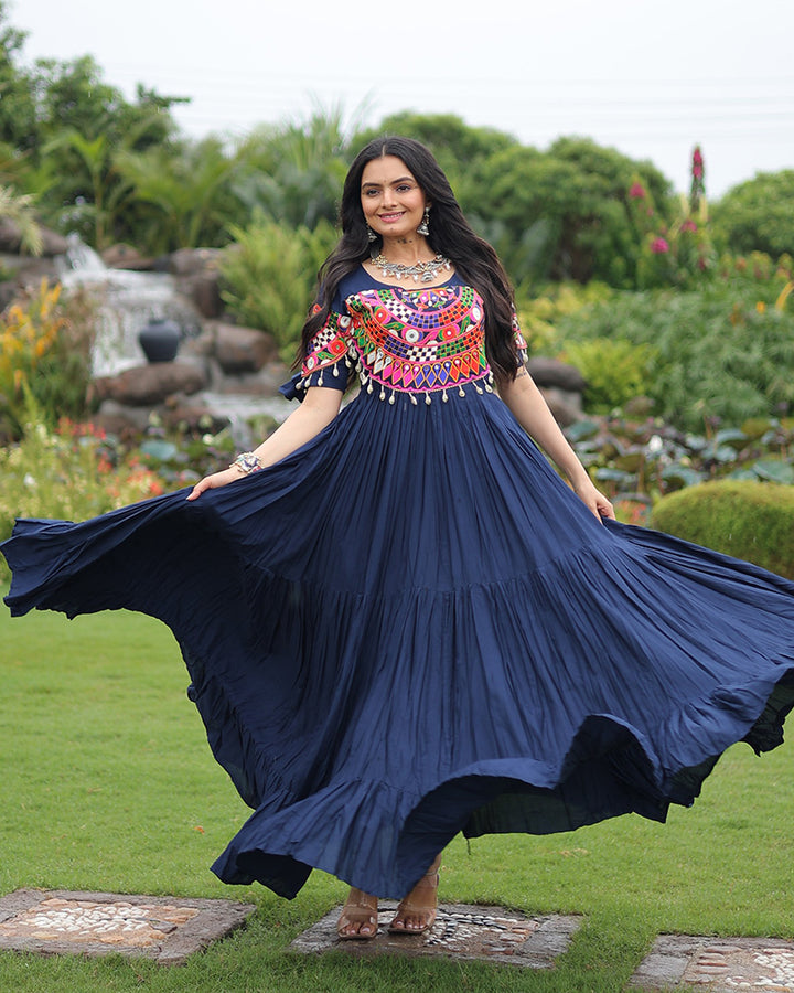 Royal Blue Color Rayon Navratri Gown