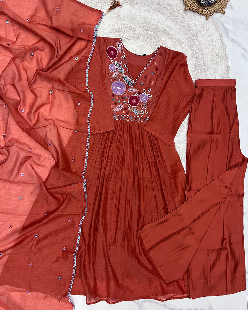 Rust Orange Color Mal Cotton Three Piece Kurti Suit