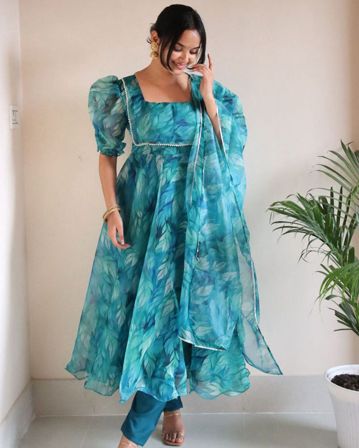 Firozi Color Printed Pure Organza Silk Anarkali Suit