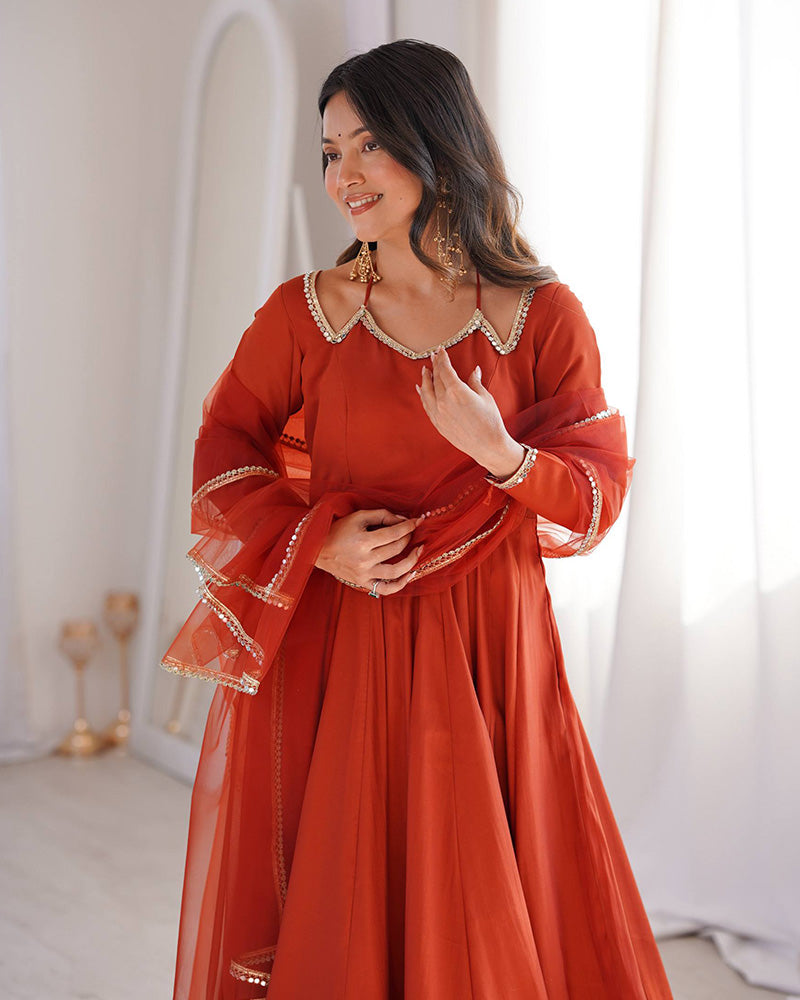 Rust Orange Color Chanderi Roman Silk Three Piece Anarkali Suit