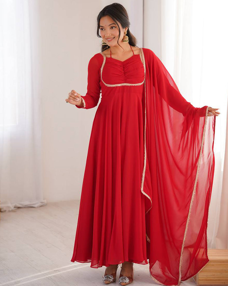Red Color Pure Blooming Georgette Anarkali Gown