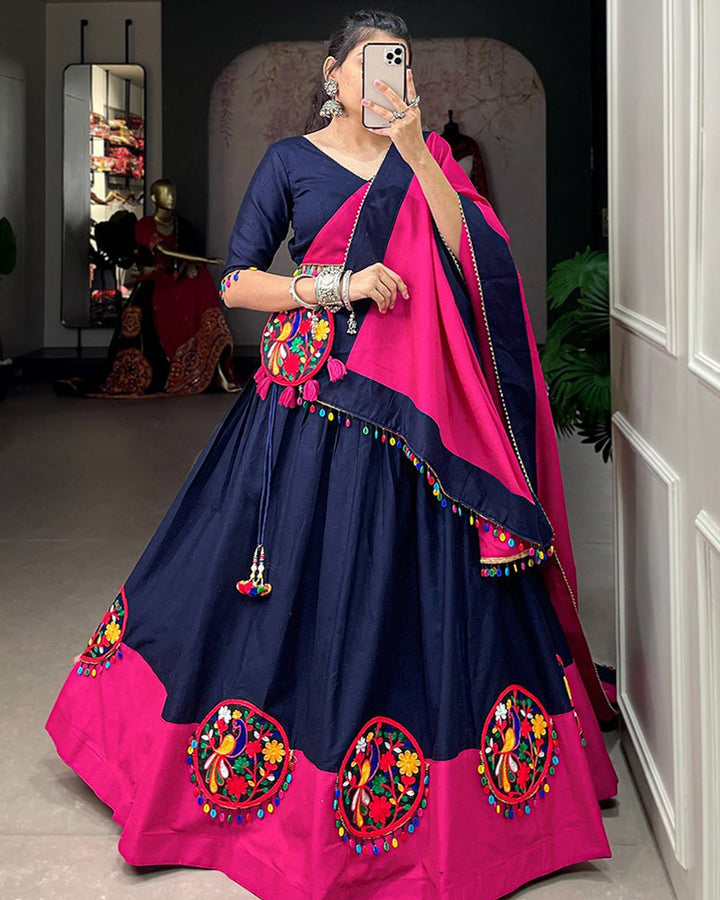 Navy Blue Color Pure Cotton Gamthi Work Navratri Lehenga Choli