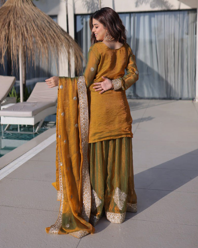 Golden Olive Color Fendi Crush Embroidered Plazzo Suit