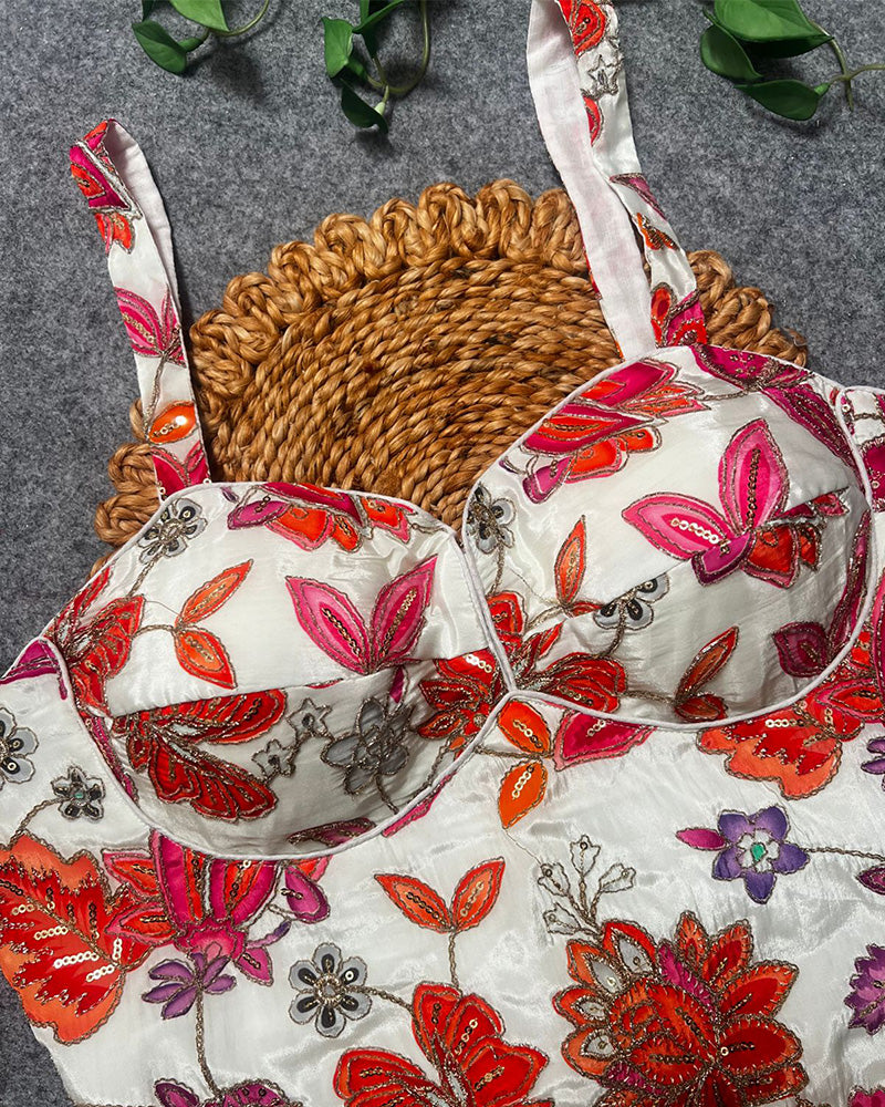 White Color Rumali Silk Embroidered Spaghetti Blouse