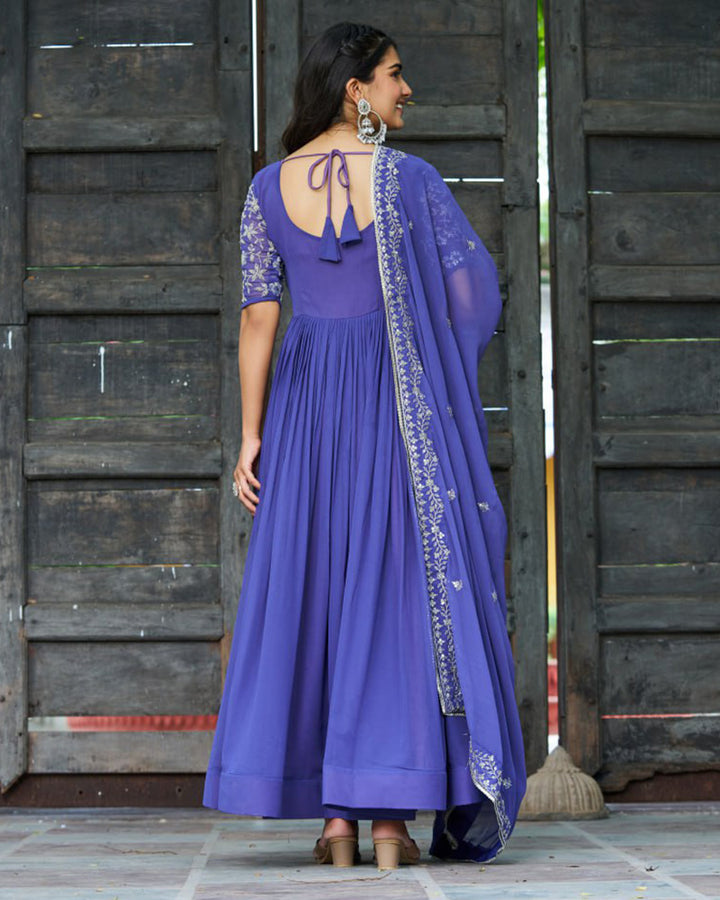 Elegant Purple Embroidered Blooming Style Designer Gown
