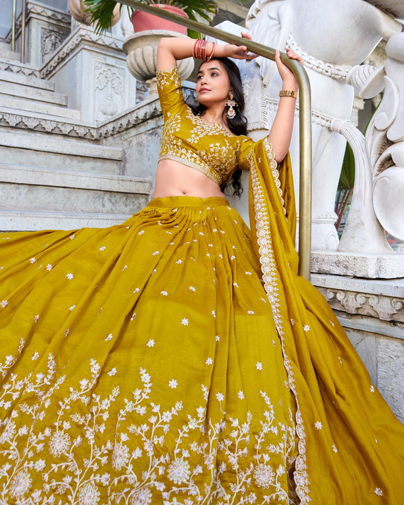 Mustard Color Vichitra Silk Thread Embroidered Lehenga Choli