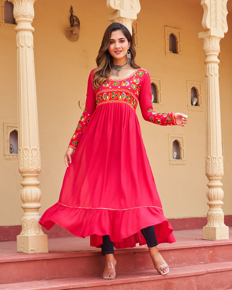 Traditional Pink Pure Rayon Embroidered Navratri Kurti