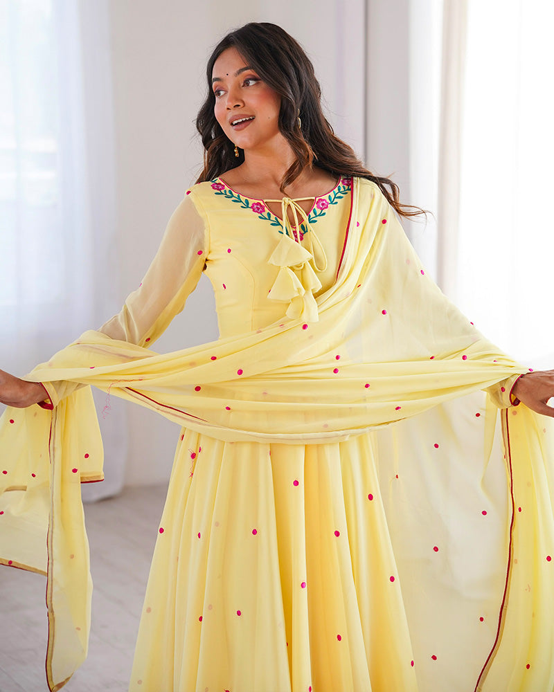 Light Yellow Color Georgette Three Piece Anarkali Suit