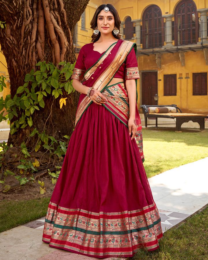 Maroon Color Pure Nylon Chanderi Plain Half Saree