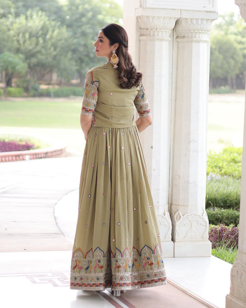Olive Green Color Vichitra Silk Embroidered Gown