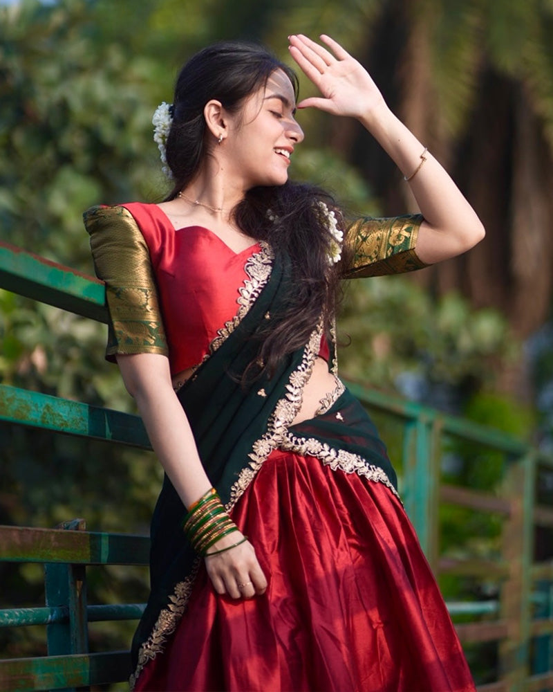 Soumya Sharma In Red Color Narayan Pattu Silk Designer Half Saree