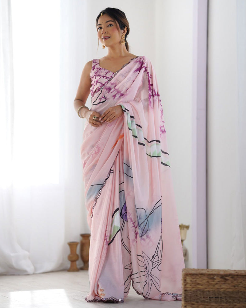 Baby Pink Color Chinnon Silk Saree