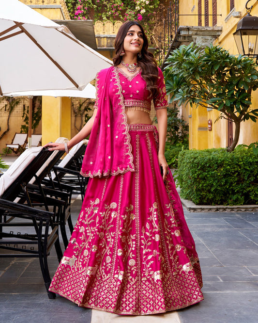 Rani Pink Color Natural Silk Embroidered Lehenga Choli