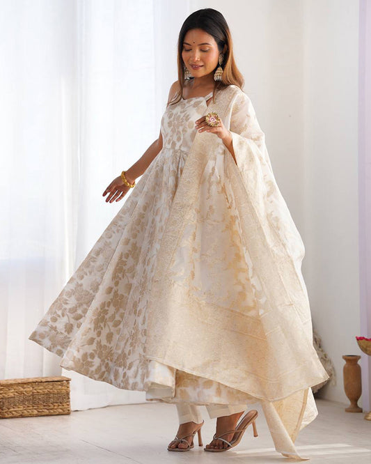 Off-White Color Banarasi Jacquard Silk Anarkali Suit