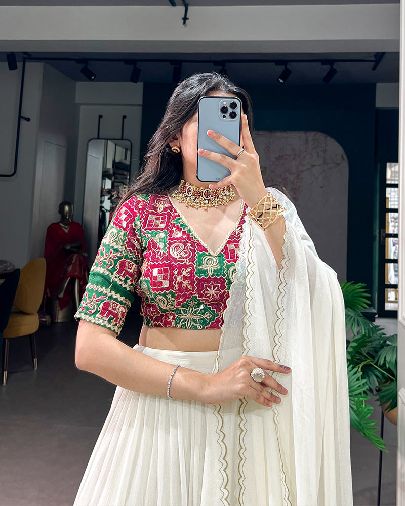 White Color Marbel Embossed Lehenga Choli
