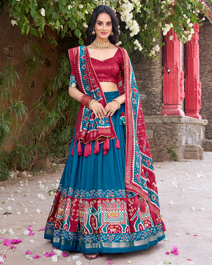 Designer Patola Printed Teal Green Color Tussar Silk Lehenga Choli