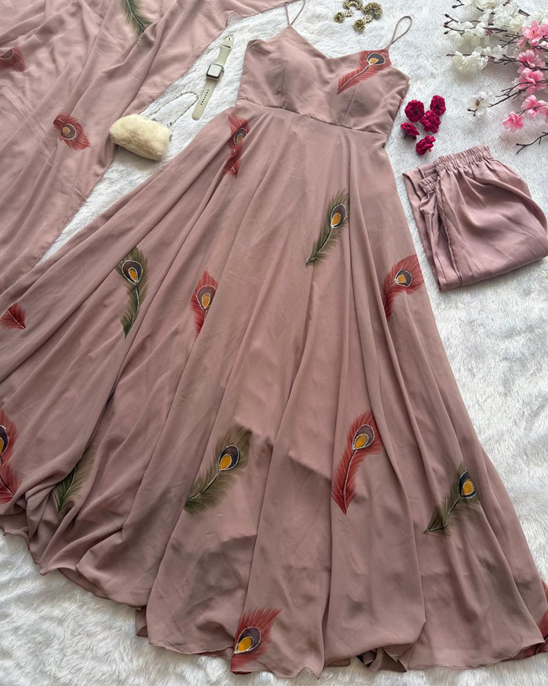 Chocolate Color Hand Printed Georgette Anarkali Suit