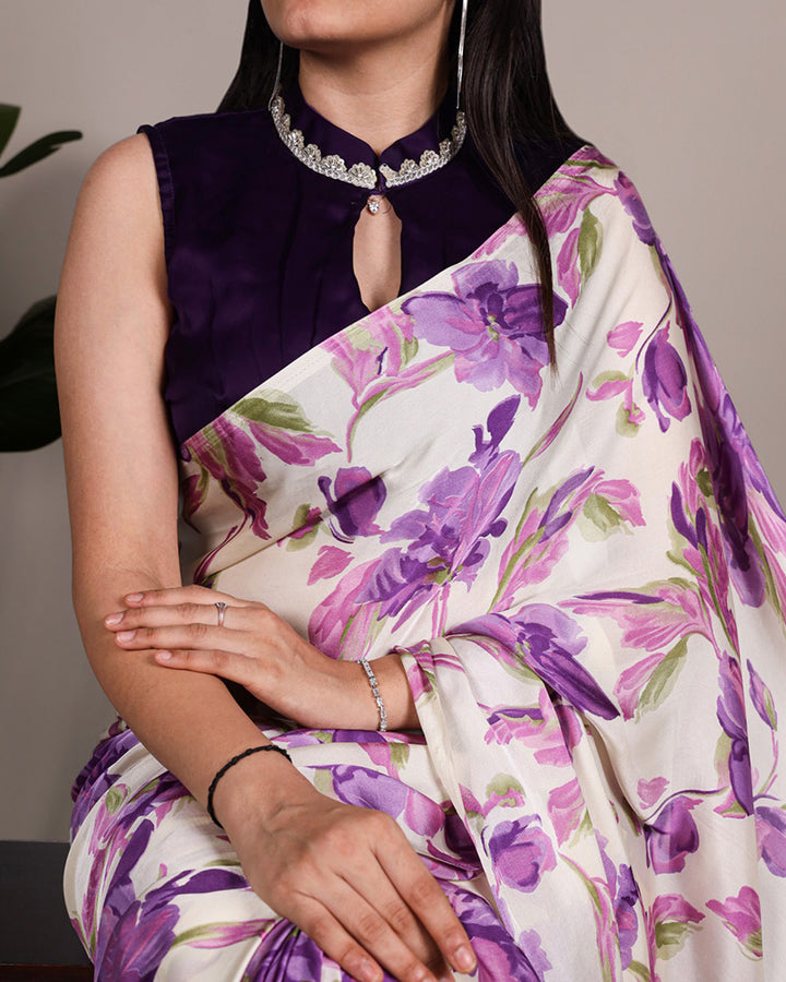 Purple Color Satin Silk Floral Printed Saree