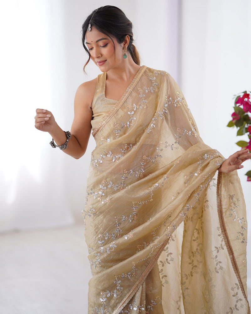 Cream Color Smooth Gold Crush Embroidered Saree