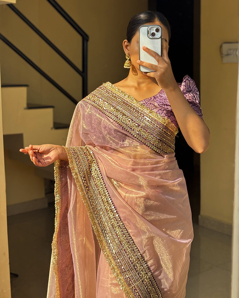 Luvender Color Soft Twil Net Embroidered Saree