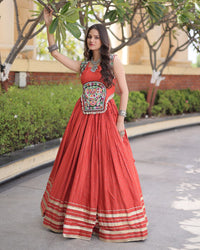 Six Color Rayon Mukesh-work With Patti Lace Navratri Lehenga Set