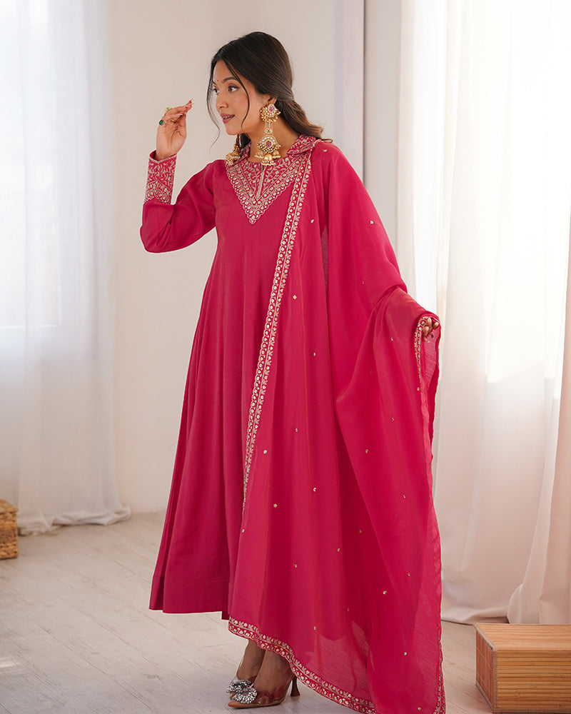 Rani Pink Color Pure Shimmer Silk Anarkali Suit