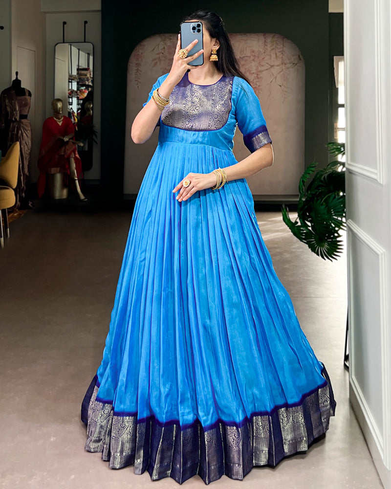 Blue Color Mass Mello Zari Weaving Gown