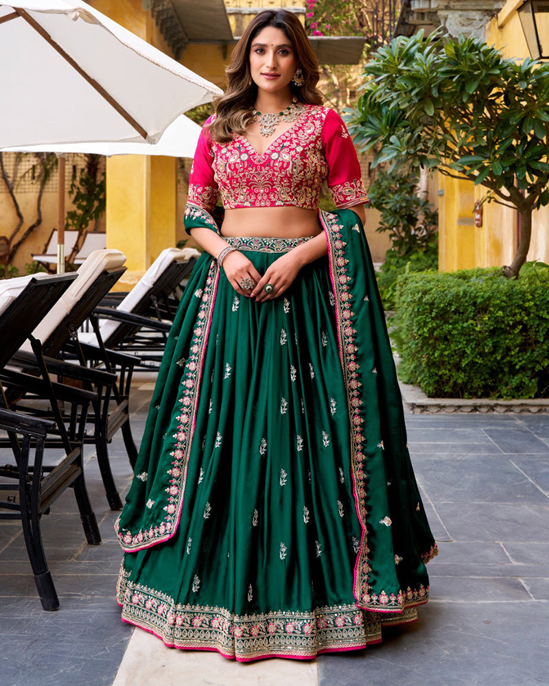 Green Color Satin Silk Embroidered Lehenga Choli