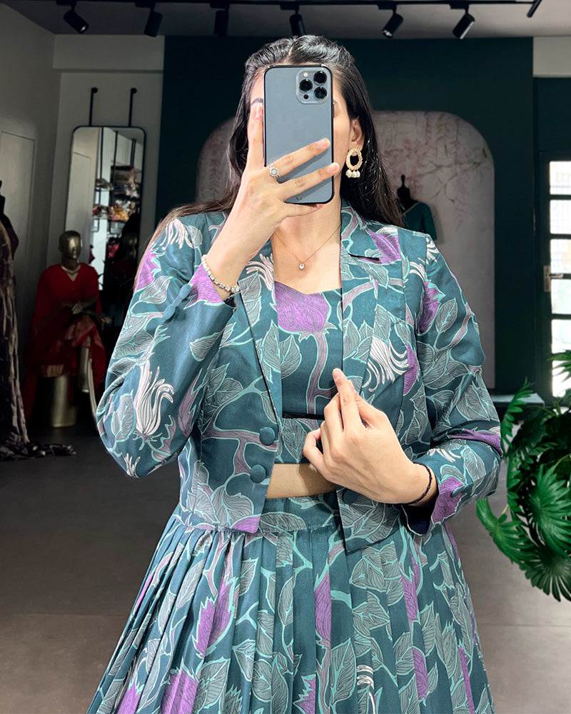 Teal Blue Color Tasar Silk Printed Lehenga Choli With Koti