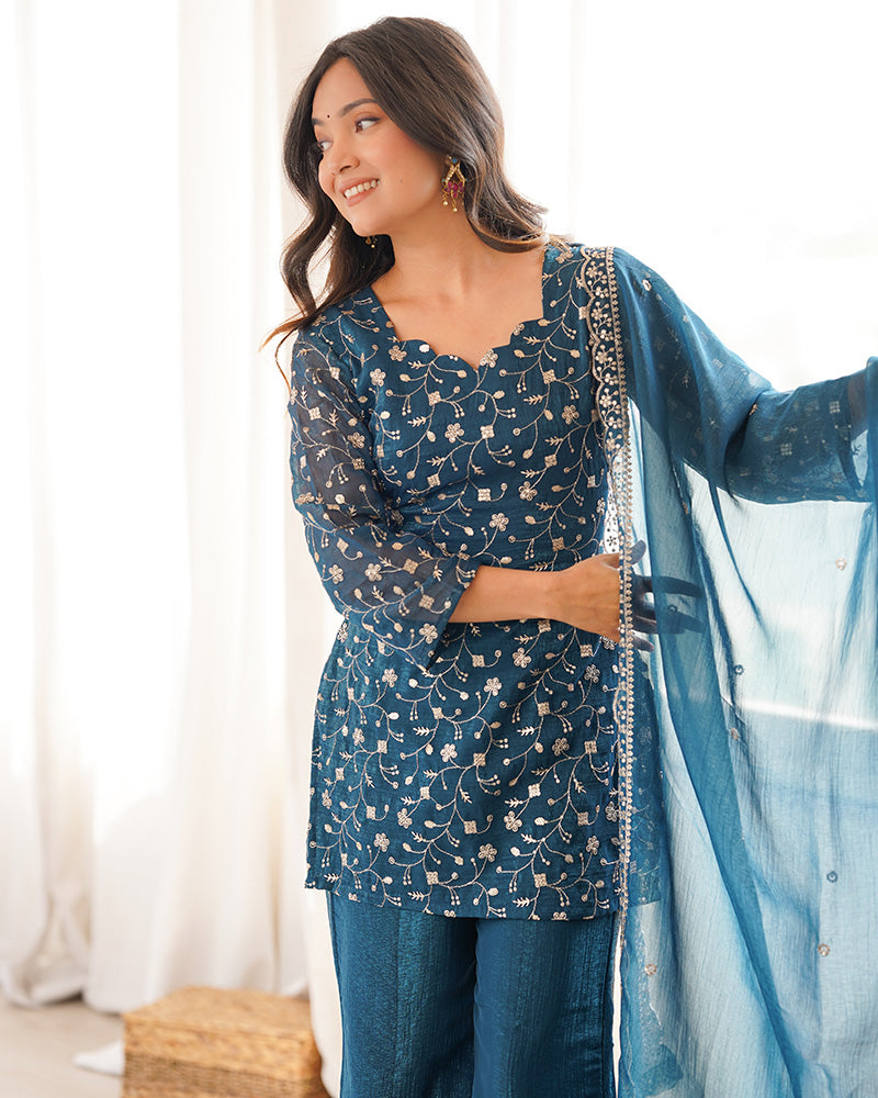 Teal  Blue Color Crunchy Silk Embroidered Plazzo Suit