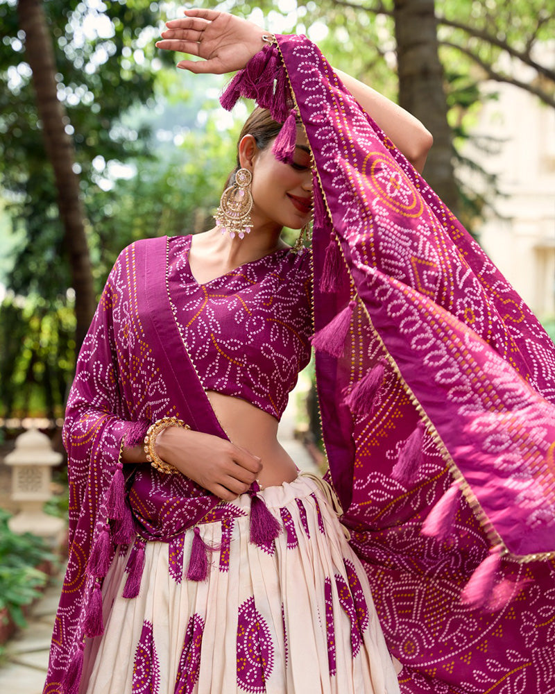 Wine Color Tussar Silk Bandhej Printed Lehenga Choli