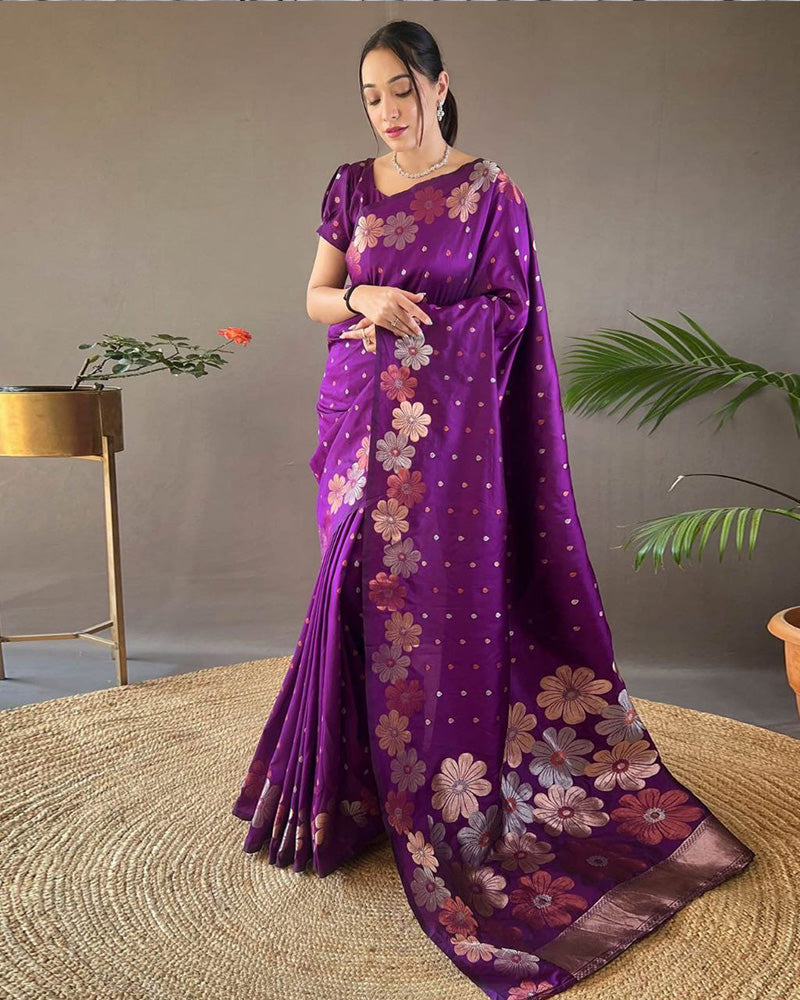 Jacquard Design Purple color Soft Lichi Silk Saree