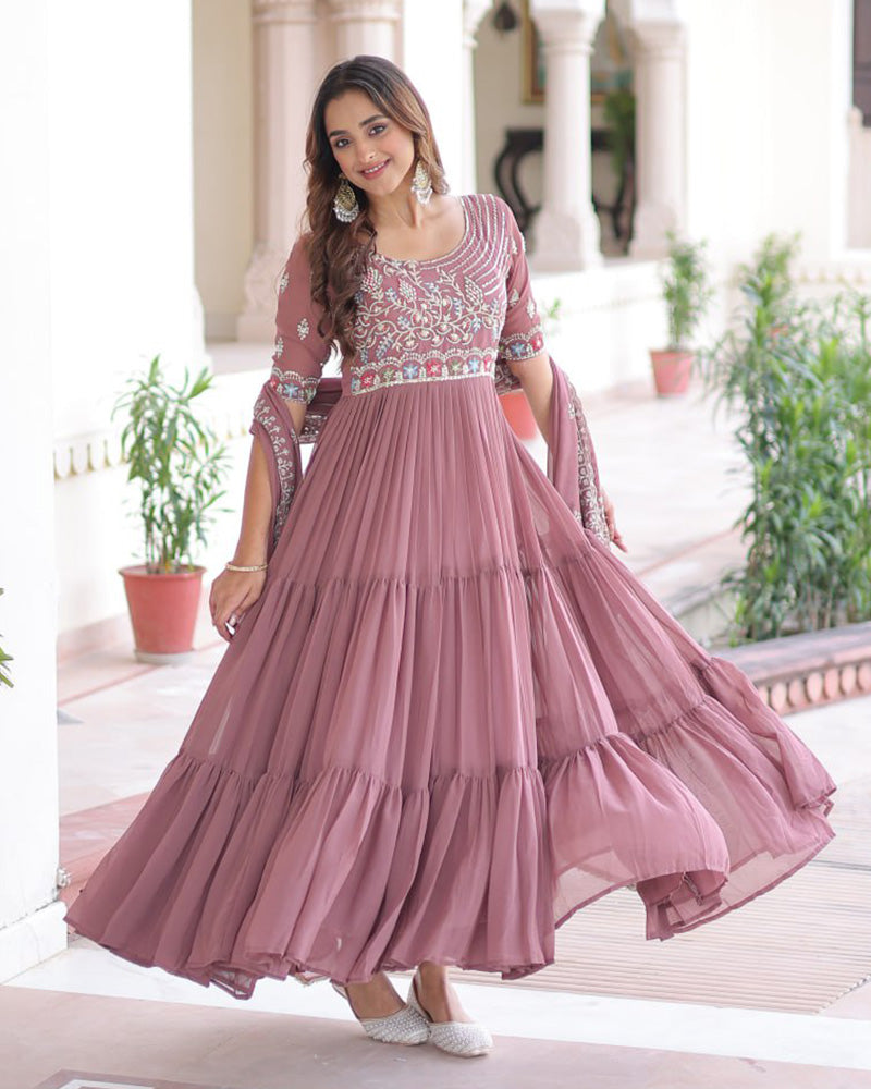 Mauve Pink Color Faux Blooming Embroidered Gown