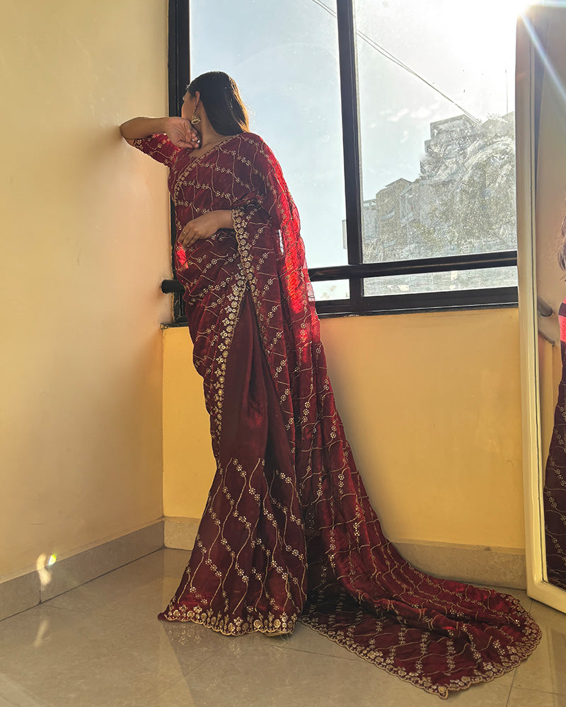 Maroon Color Space Silk Embroidered Saree