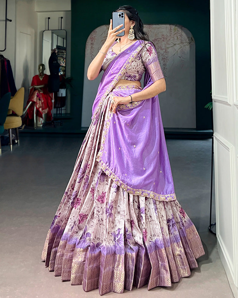 Purple Color Dola Chex Floral Printed Half Saree