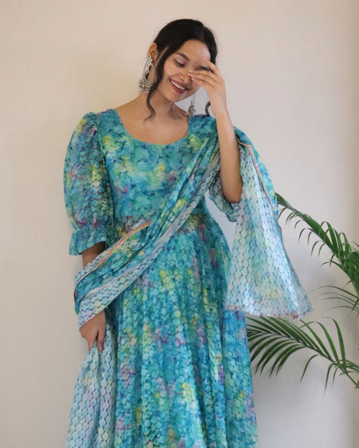 Sky Blue Color Printed French Net Anarkali Suit