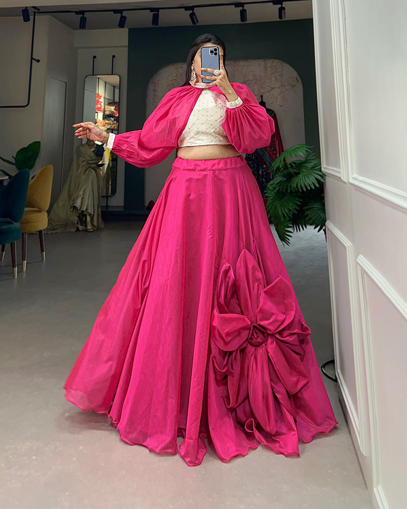 Rajwadi Chanderi Silk Two Color Fully Stitched Crop Top Lehenga Choli