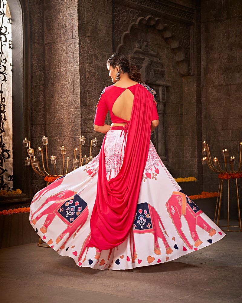 White Color Viscose Rayon Thread With Mirror Work Navratri Lehenga Choli