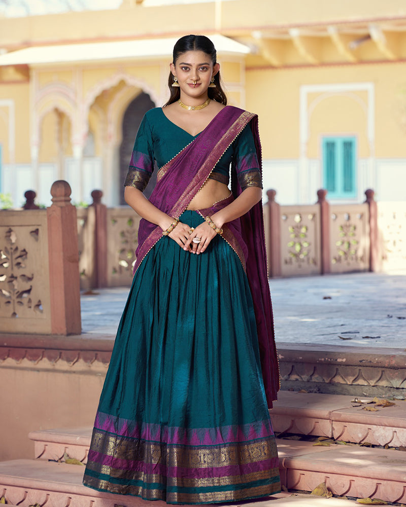 Teal Blue Color Poly Dyeable Zari Weaving  Half Saree